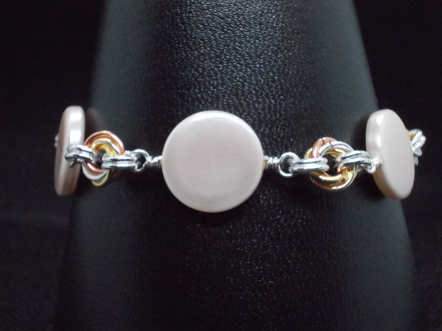 SALE - Pink shell pearl coin and chainmaille bracelet