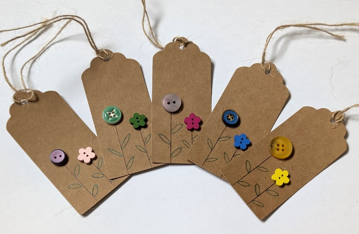 Homemade gift tags made with buttons in packs of 5 - flowers