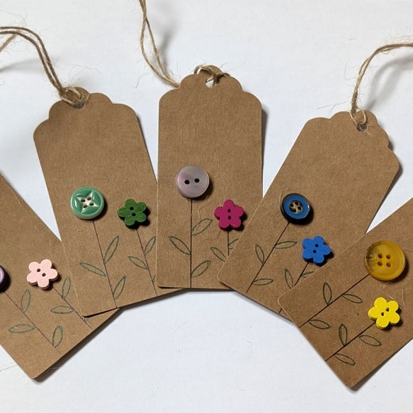 Homemade gift tags made with buttons in packs of 5 - flowers