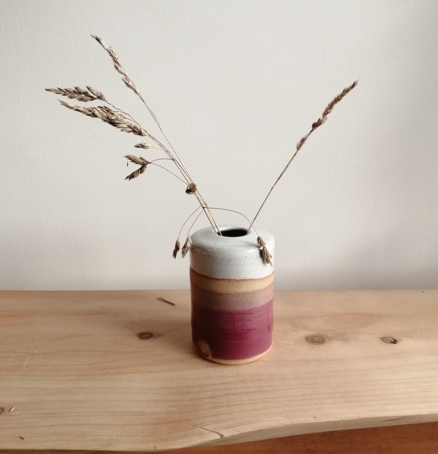 Beautiful handmade ceramic stoneware small bud vase white and pink