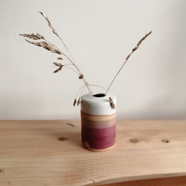 Beautiful handmade ceramic stoneware small bud vase white and pink