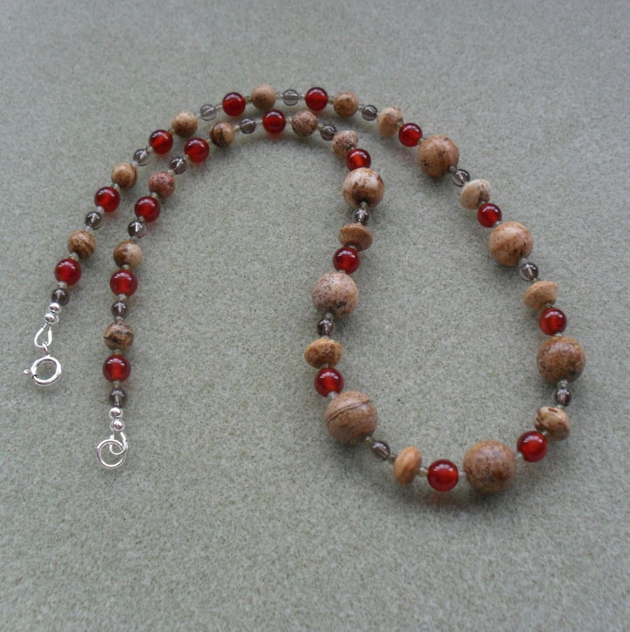 Picture Jasper Smoky Quartz Agate and Labradorite Necklace with Sterling Silver