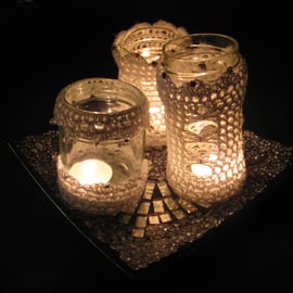 Crochet pattern tutorial for 3 lanterns. 3 designs to fit any round jar.