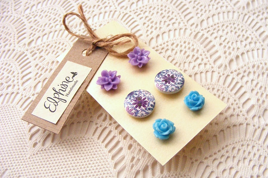 SALE! 20% off! Trio of Earrings, Button Earrings, Resin Flower Cabochons