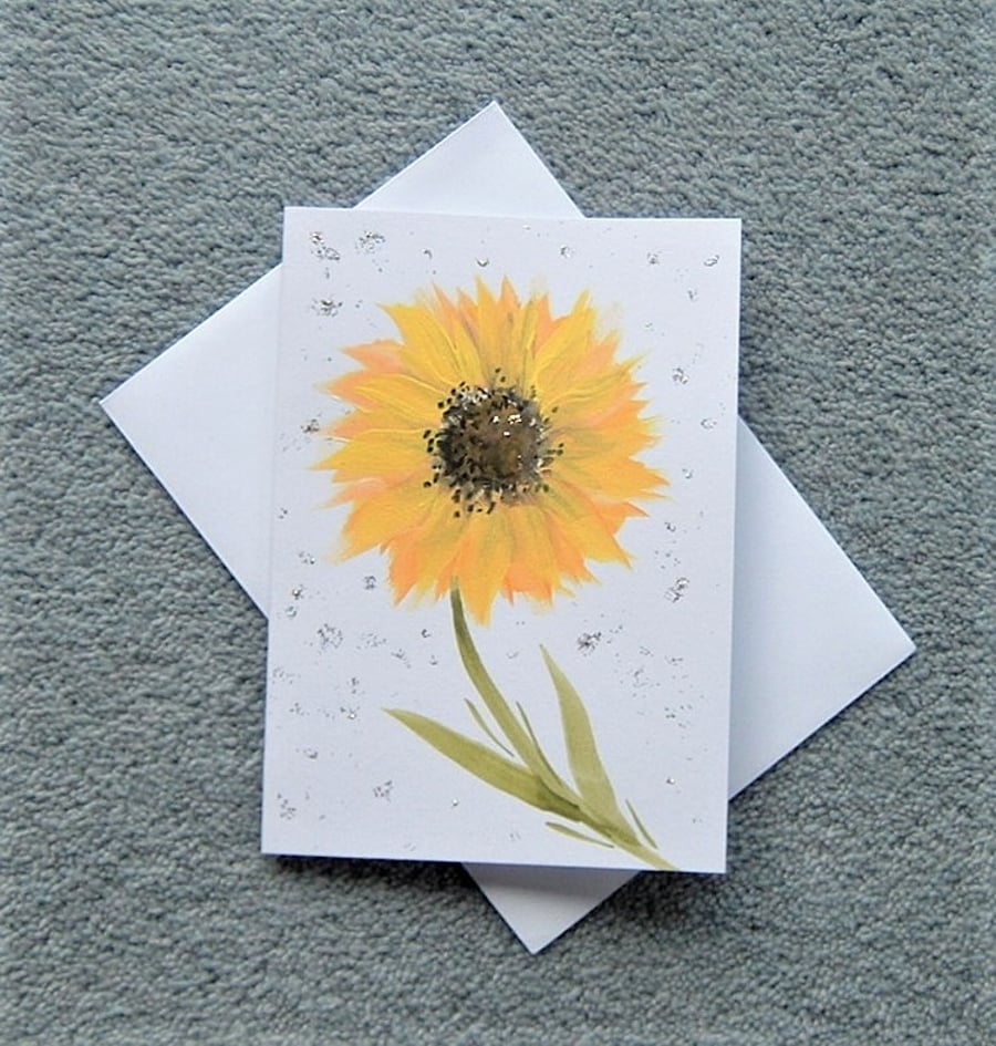 original art hand painted sunflower floral blank greetings card ( ref F 214 )