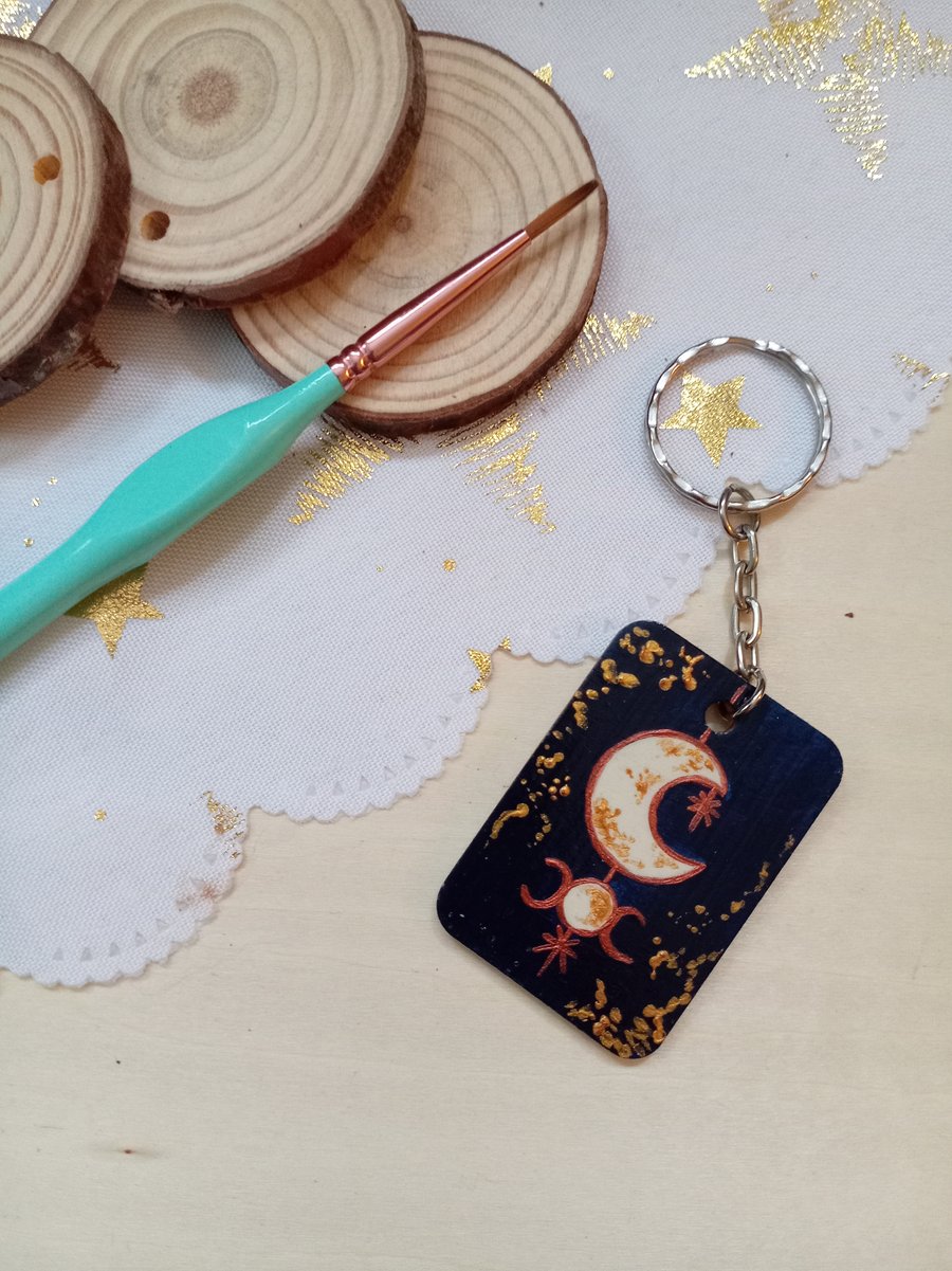 Wooden rectangular celestial moon dreamcatcher keyring 