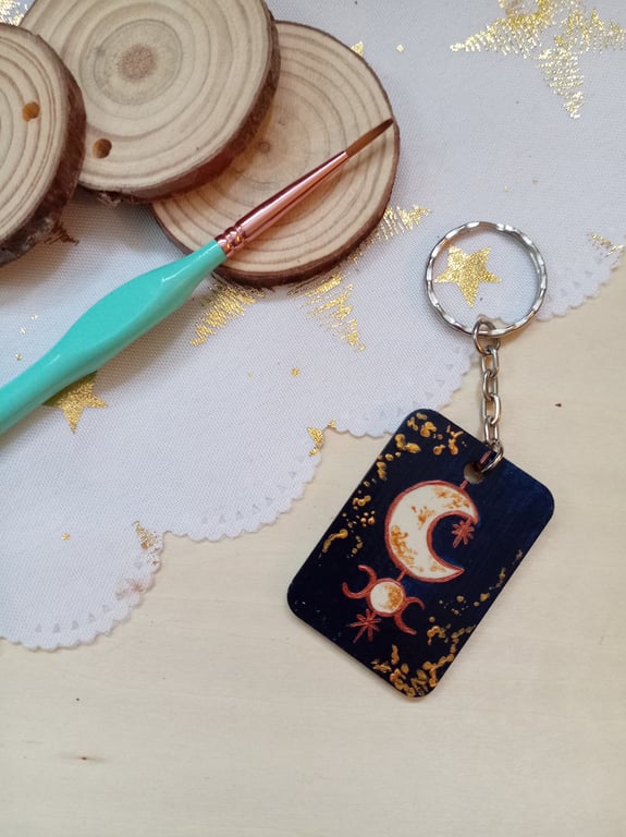 Wooden rectangular celestial moon dreamcatcher keyring 