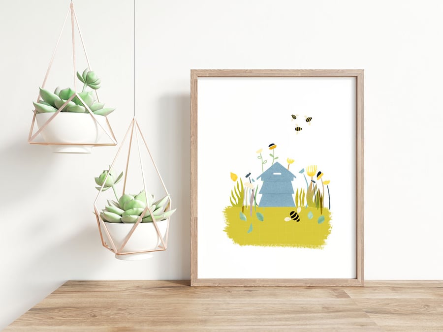 Save our Bees! Illustrated Beehive with Bees Art Print 