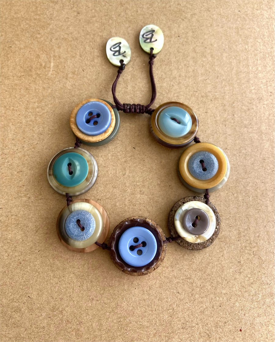 Blue And Mustard Colour Palette - Vintage Button Adjustable Handmade Bracelet