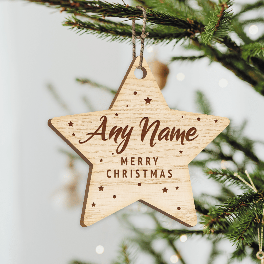 Star & Name Christmas Ornament - Personalised Wooden Star Bauble Xmas Decor