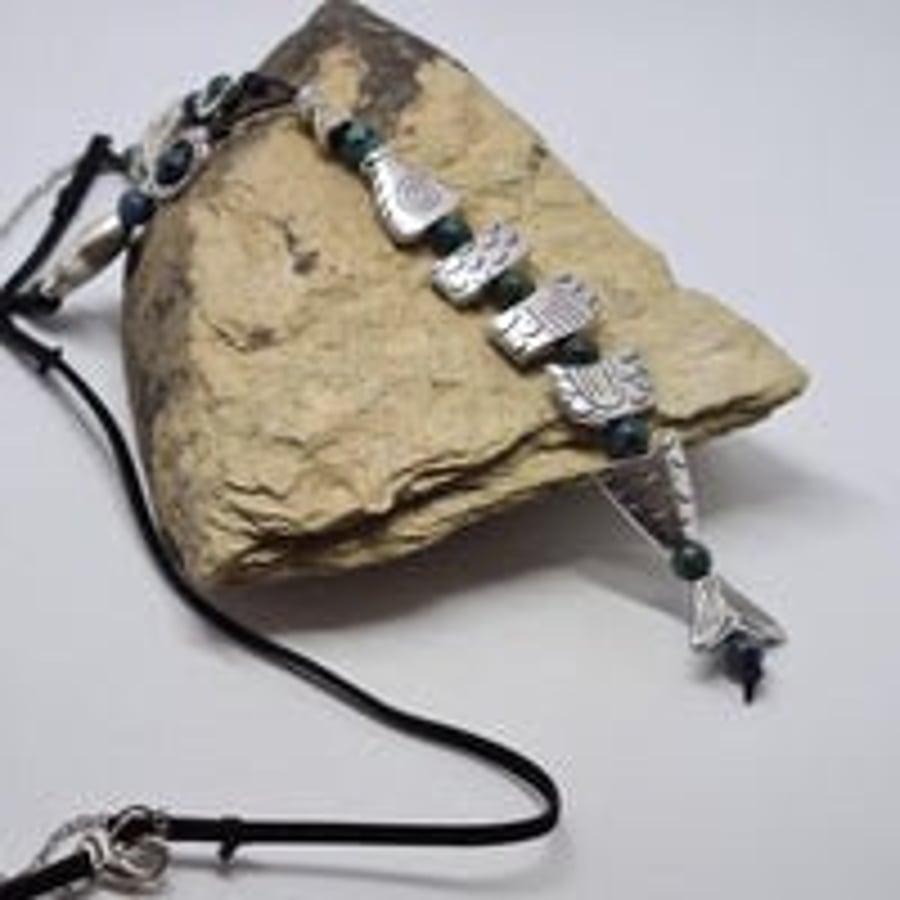 Silver Fish Azurite Necklace Boho Greek Style Y Necklace