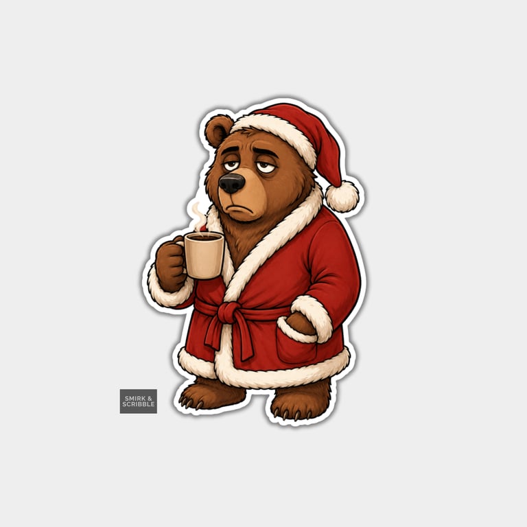 Funny Christmas Sticker Vinyl Xmas Decal For Adults - Brown Bear In Robe