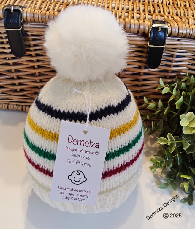 Designer Hand Knitted Pompom Beanie Hat 6-12 months size 