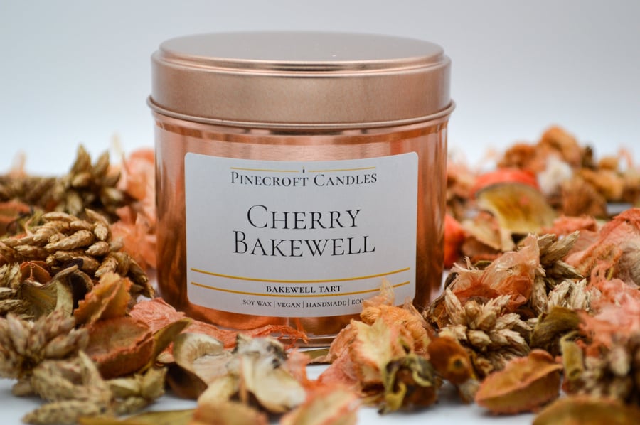 Luxurious Cherry Bakewell Soy Candle in Rose Gold - Handmade & Vegan 220ml