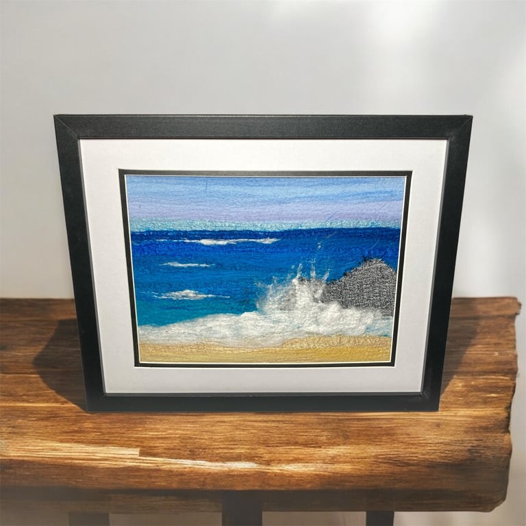 Crashing Waves, Textile picture, needle felted, 8" x 10" framed or mounted