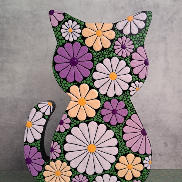 Wooden Cat Hand Painted with Daisies