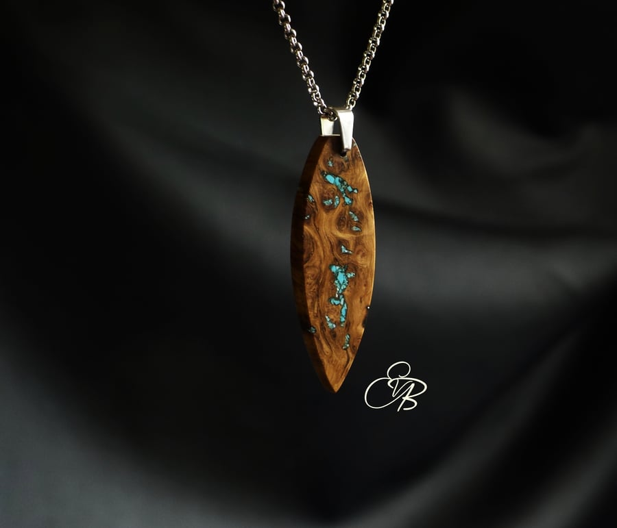 Surfboard Necklace. Surfing Necklace & Real Turquoise Stone. December Birthstone