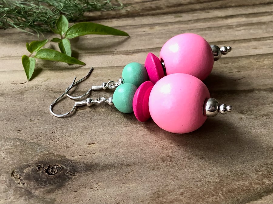 Big Wooden Bead Earrings. Pink & Turquoise Dangly Geometric Beaded Earrings
