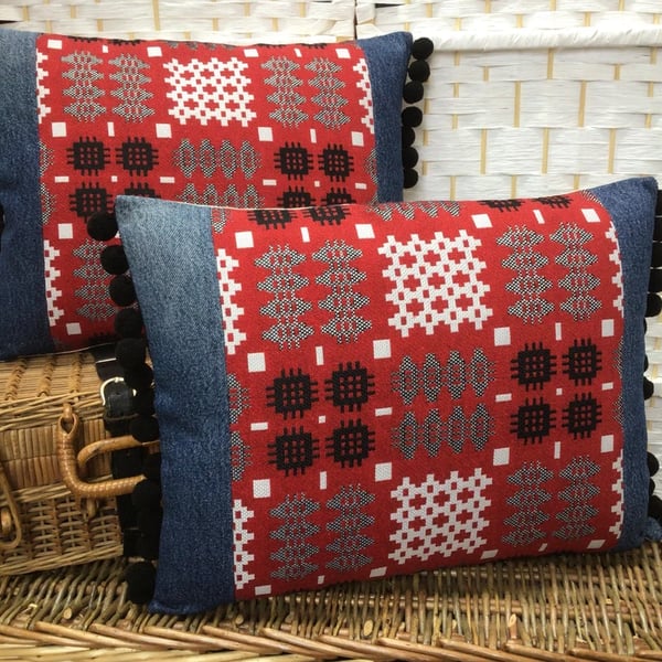 Welsh blanket tapestry bolster cushion, Welsh decor