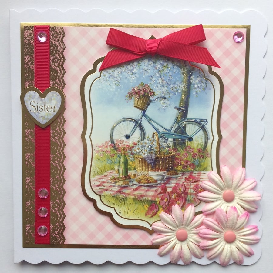 Sister Birthday Card Happy Birthday Sister Summer Picnic Bicycle and Flowers
