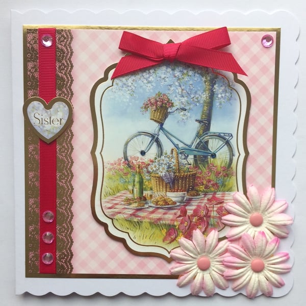 Sister Birthday Card Happy Birthday Sister Summer Picnic Bicycle and Flowers