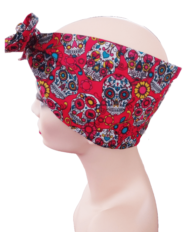 1950s Retro Rockabilly Headscarf  Bandana Handmade Red Sugar Skull Print