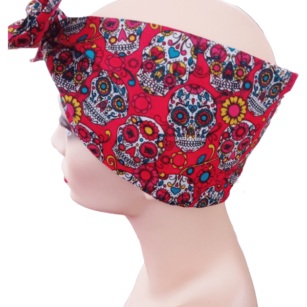 1950s Retro Rockabilly Headscarf  Bandana Handmade Red Sugar Skull Print