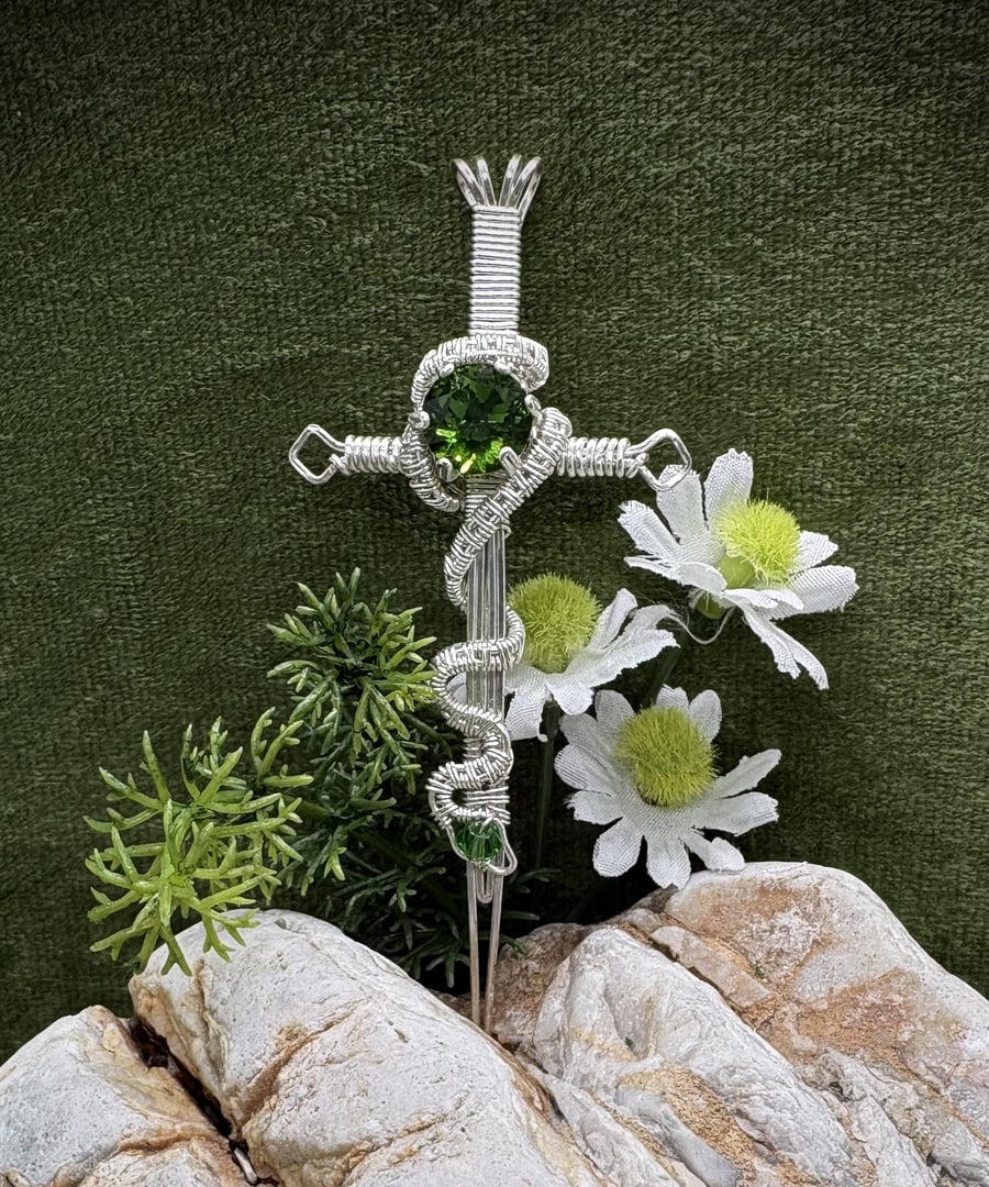 Silver Wire wrapped sword pendant with faceted glass crystals