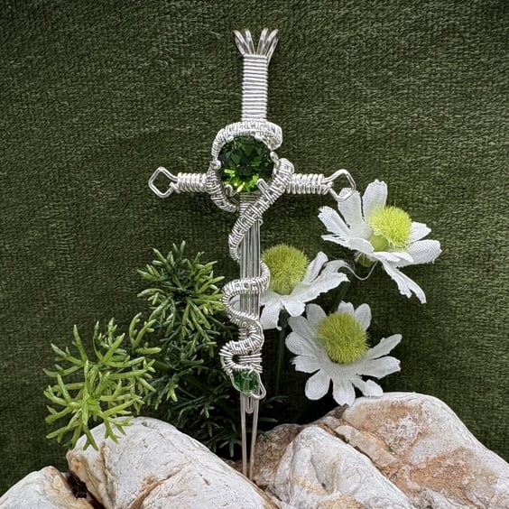 Silver Wire wrapped sword pendant with faceted glass crystals