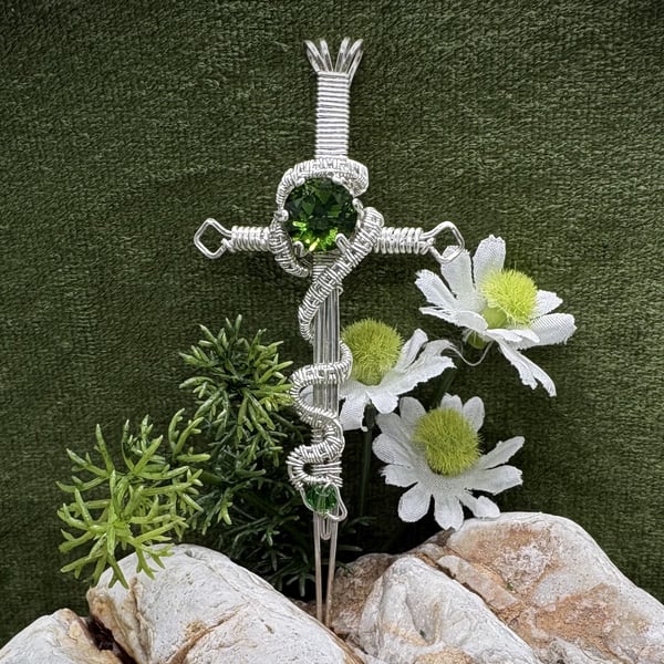 Silver Wire wrapped sword pendant with faceted glass crystals