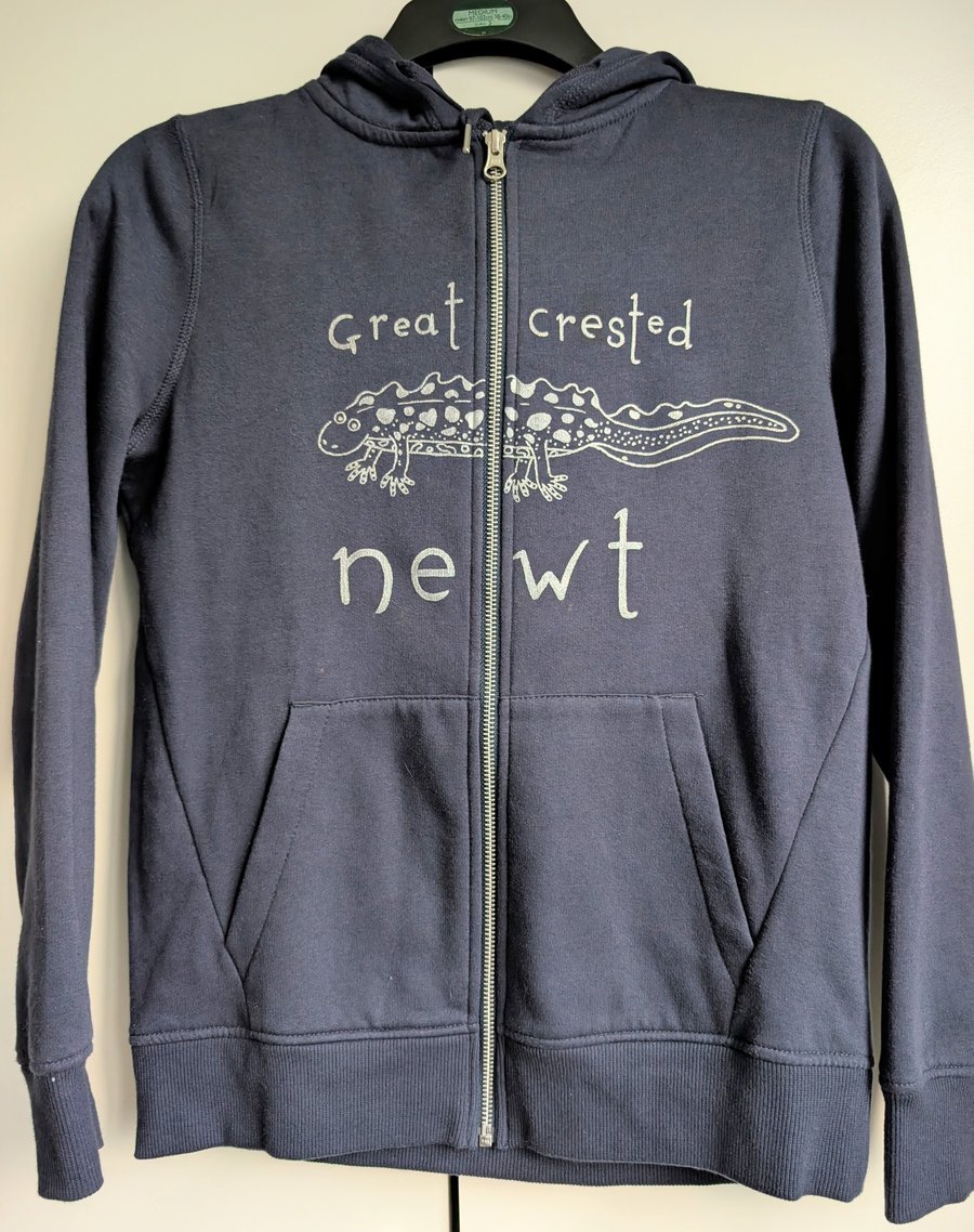 Unique hand-painted upcycled Great Crested Newt hoodie (size 8)