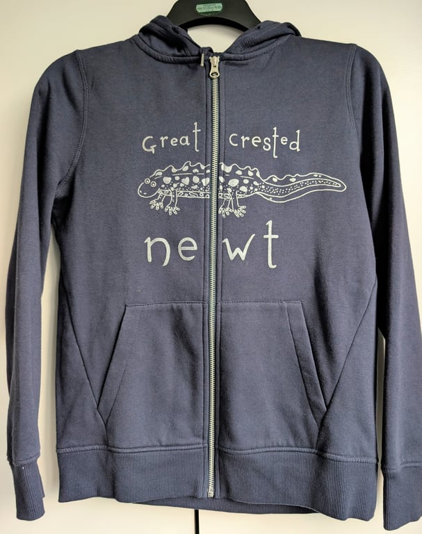 Unique hand-painted upcycled Great Crested Newt hoodie (size 8)