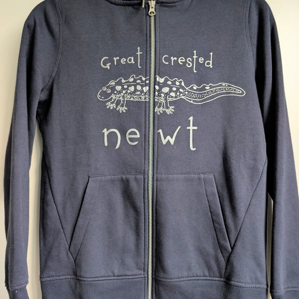 Unique hand-painted upcycled Great Crested Newt hoodie (size 8)