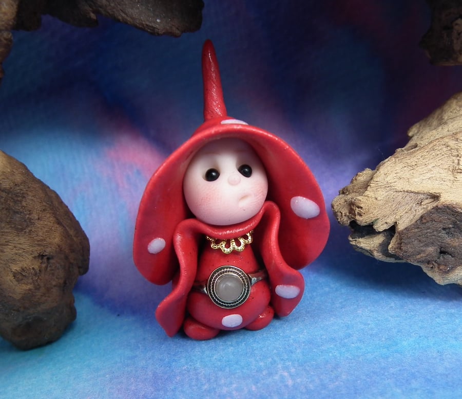 Tiny Toadstool Gnome with fly agaric robes 'Folly' OOAK Sculpt by Ann Galvin