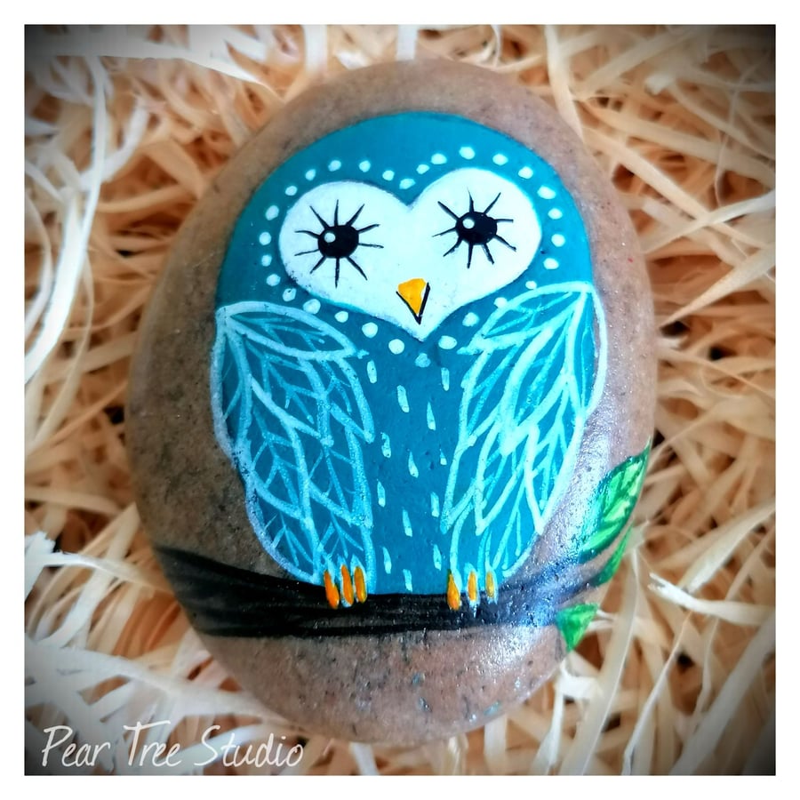 Blue Owl Rock Art, Hand Painted