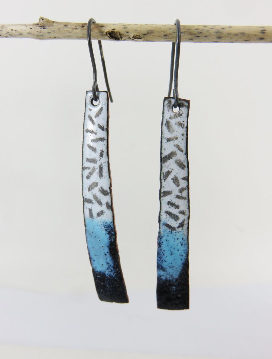 Copper Dangle Earrings with Turquoise, Black and White Enamel with Hand Drawn Pa