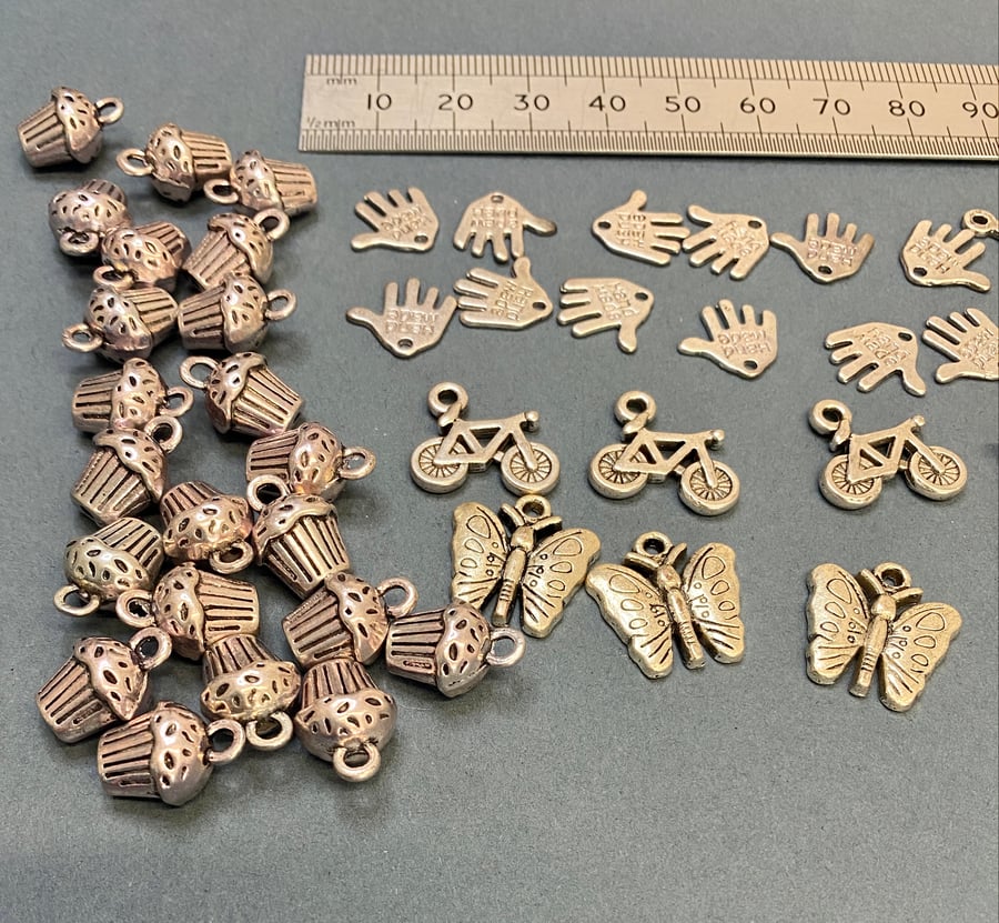 60 assorted alloy charms for crafting, jewellery cupcake, bike, cupid,  (cp6)