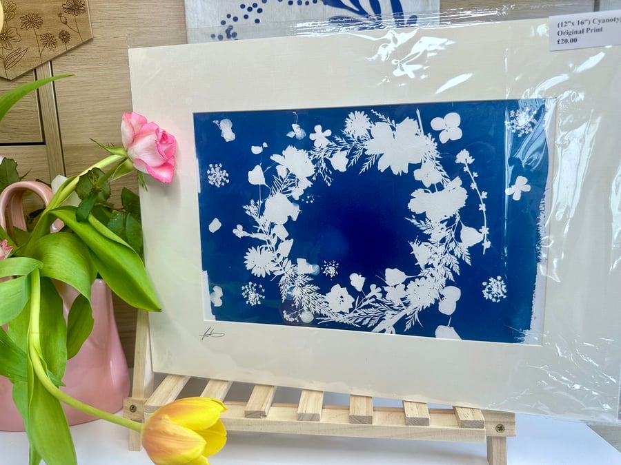 Original Cyanotype Flower Wreath Print – Pressed Flower Artwork in Mount (12" x 