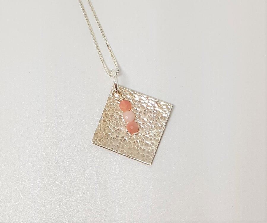 Pink Opal Pendant, Sterling Silver Pendant, Hammered Silver Pendant, Opal Neckla