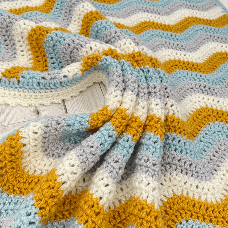 Blue and Mustard Crochet Baby Blanket - Handmade Newborn - Perfectly Imperfect