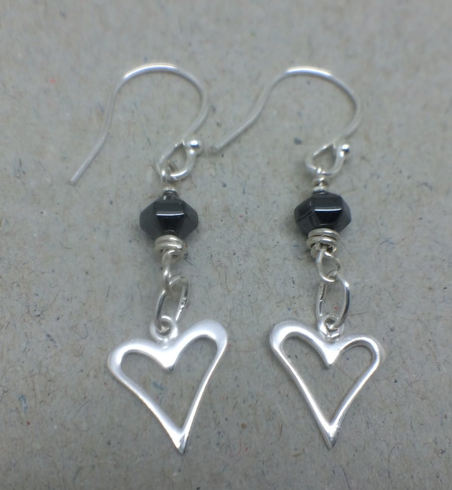 Black Hematite Sterling Silver Heart Charm Earrings
