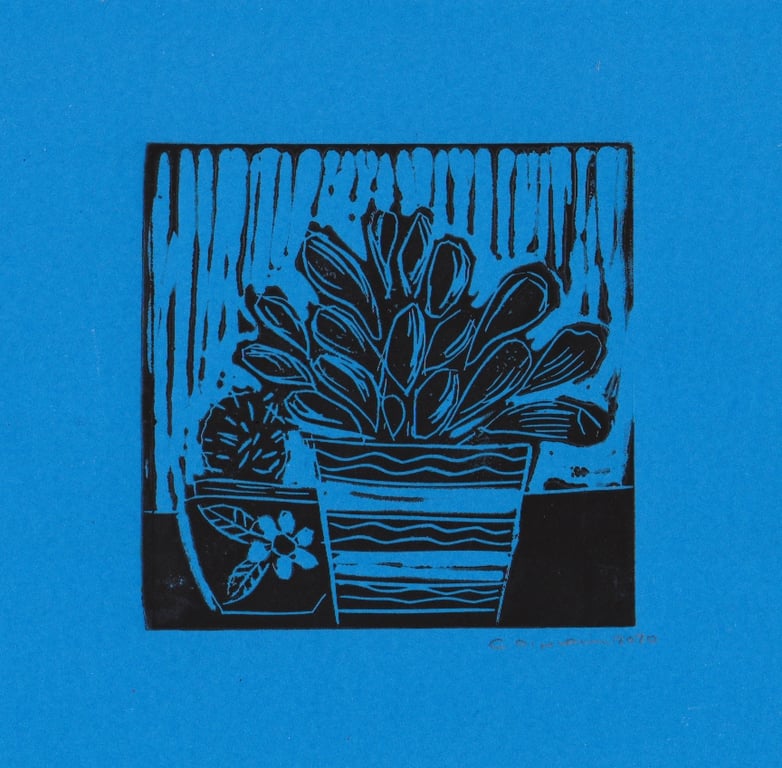 House Plant lino print on a blue back ground