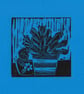 House Plant lino print on a blue back ground - Image 1