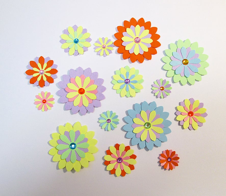 Handmade pastel jewelled paper flowers for junk journals, card toppers, 