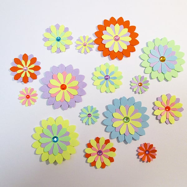 Handmade pastel jewelled paper flowers for junk journals, card toppers, 