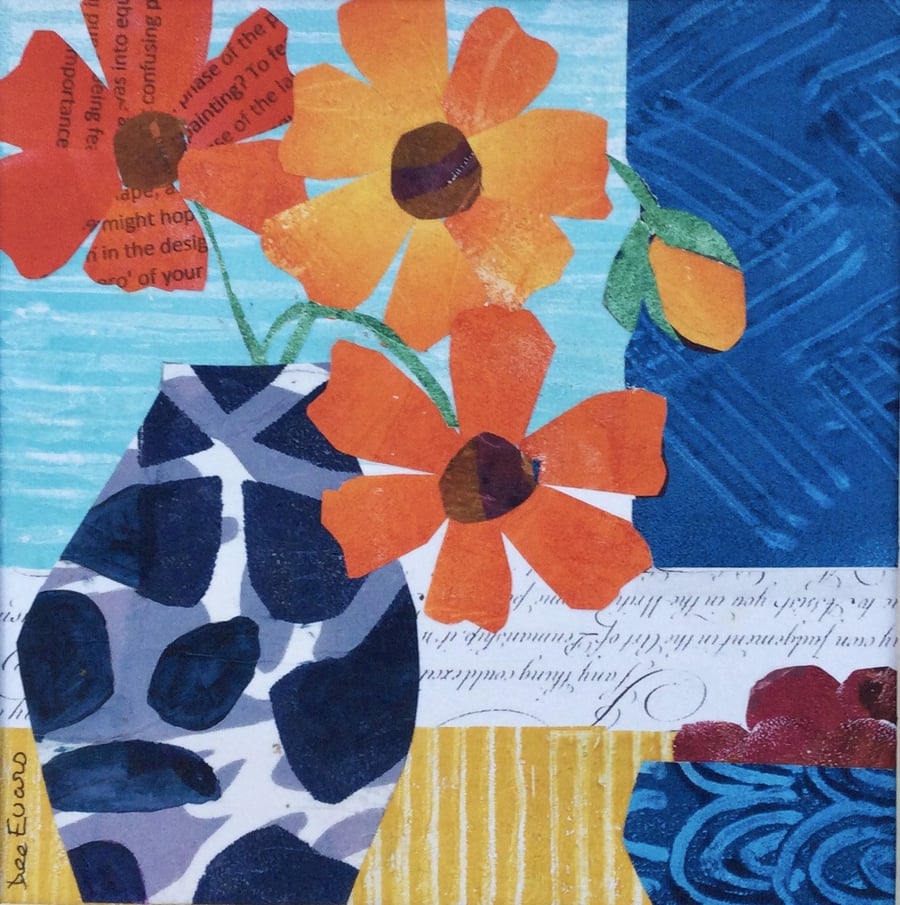 Original art Collage entitled" Blue & Grey Pot with Flowers"