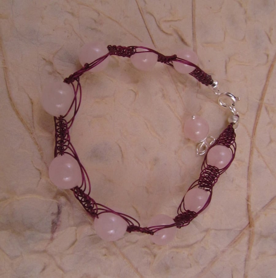 Pink Rose Quartz Purple Macrame Bracelet
