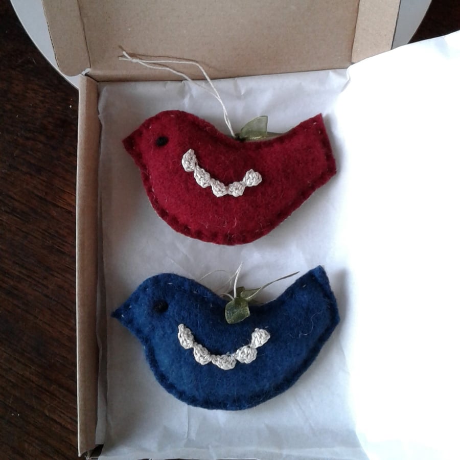 2 little birds, hanging ornaments hand stitched from wool felt, crochet detail