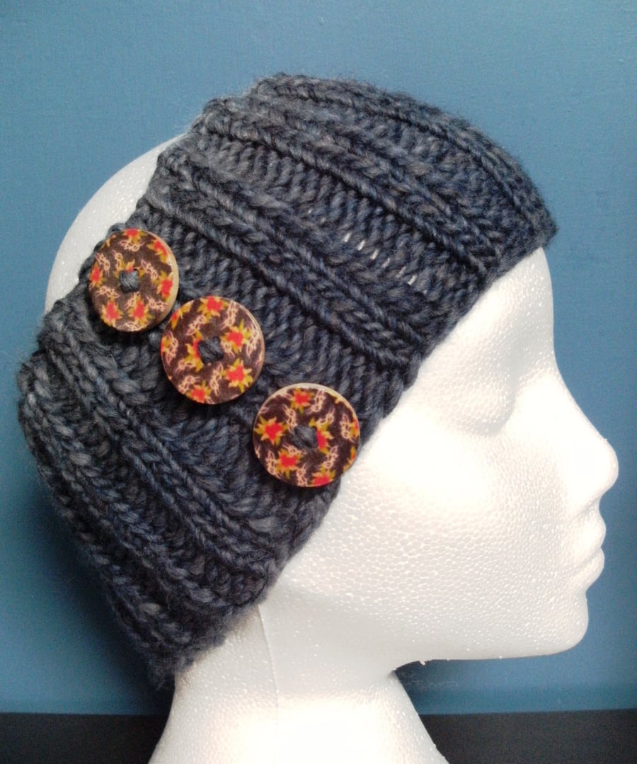 SPECIAL! Hand Knitted Wool Headband in Blues with buttons