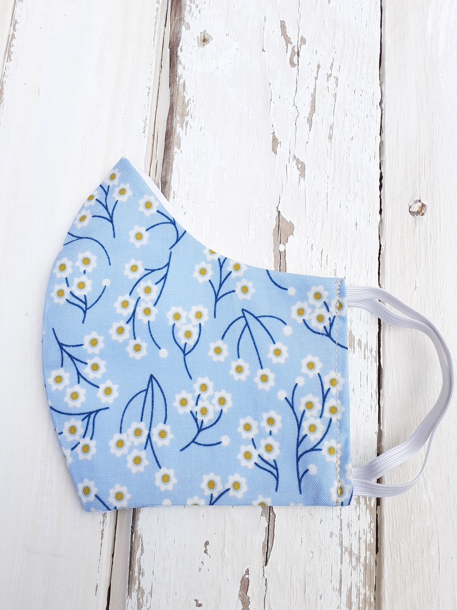 Handmade Reversible Face Mask Adult Size Blue with White Daisies 